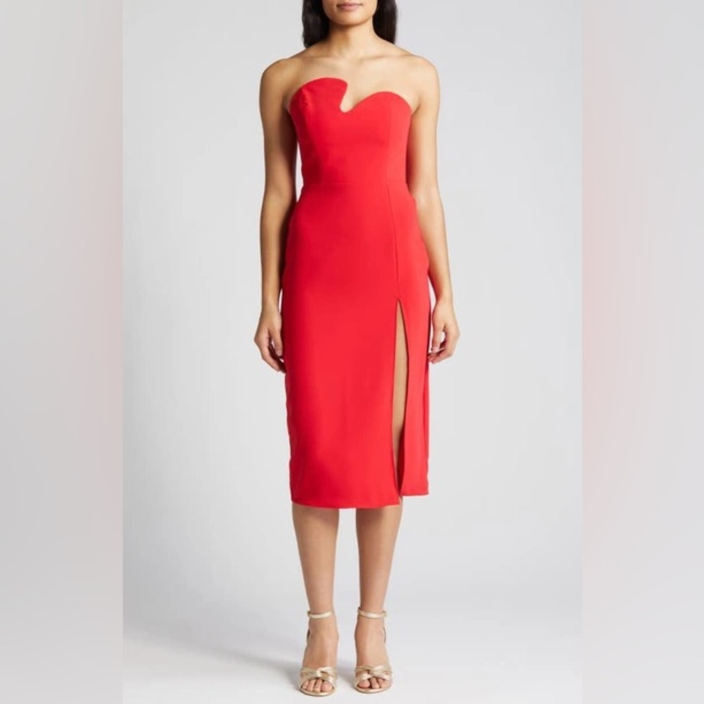 Amanda Uprichard Strapless Red Midi Dress with Thigh Slit
